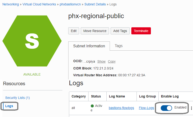A screenshot of the Subnet Details page, showing the logs enabled.