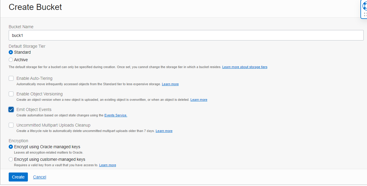 A screenshot of the Create Bucket screen showing an Events-enabled bucket