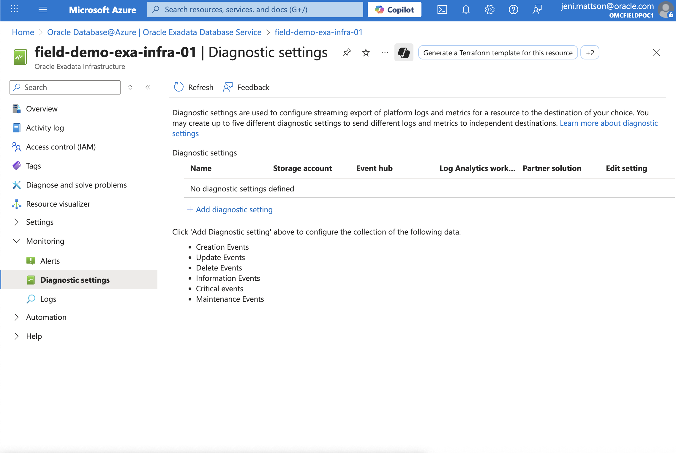 A screenshot from Oracle Database@Azure of ExaData logs & events - the diagnostic settings page