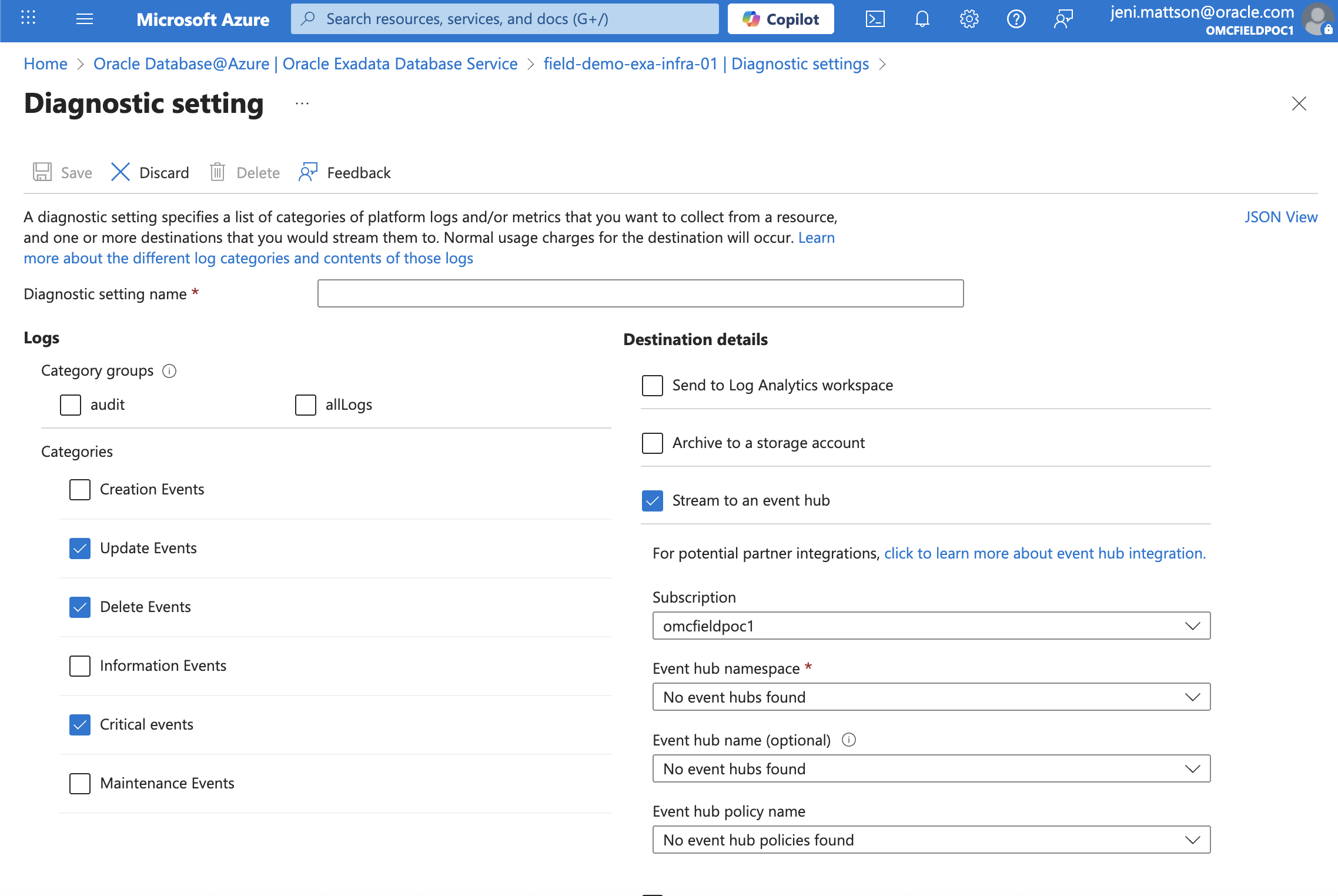 A screenshot from Oracle Database@Azure of ExaData logs & events - the log categories and destinations page