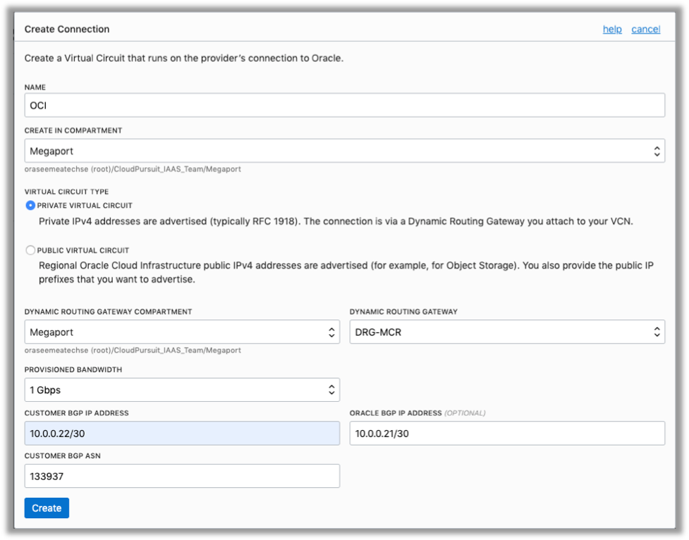 Screenshot showing the Create Connection dialog box with preceding values entered.