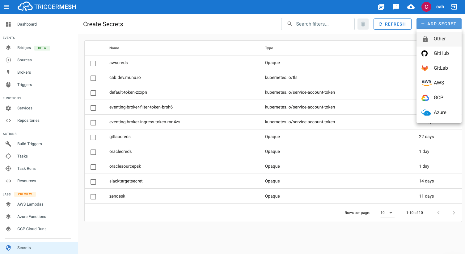 A screenshot of the TriggerMesh UI with the Secrets menu open.