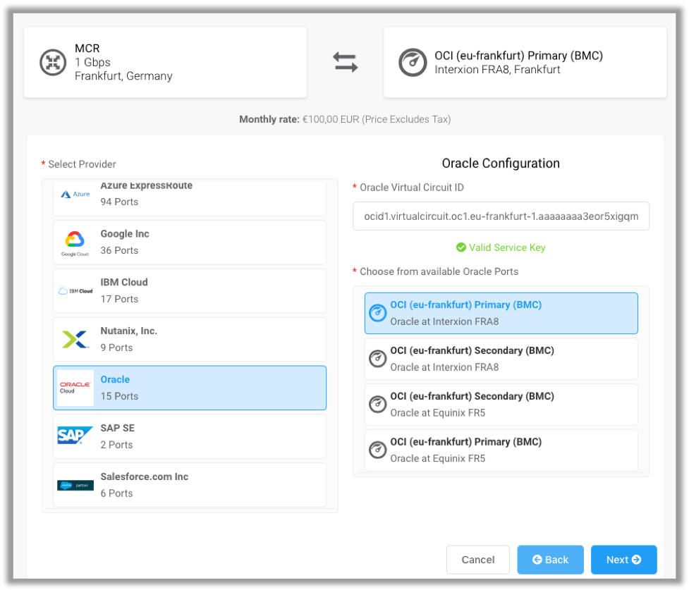 Select Port page showing the preceding values.
