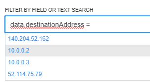 A screenshot of the filter by field or text search window, with data.destinationAddress= filled into the search field.