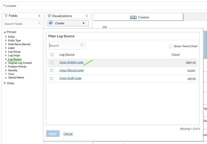 A screenshot of the Filter Log Source screen with options for filters.