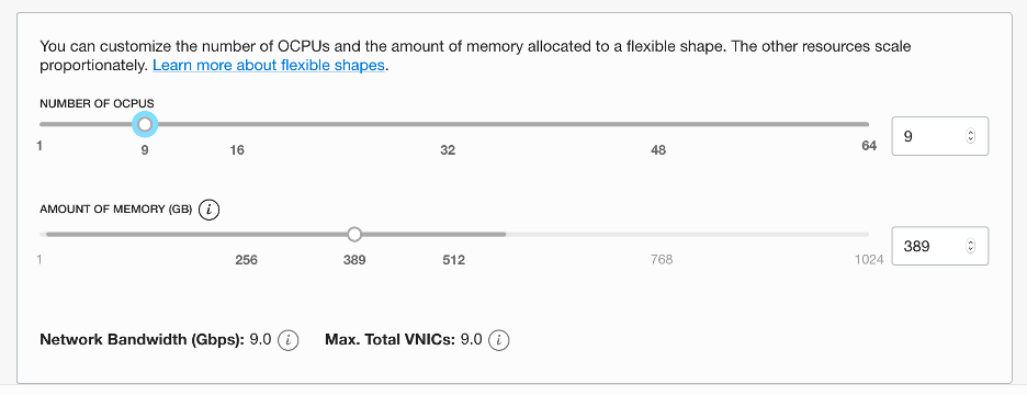 A screenshot that shows the page where you can choose the number of OCPUs and the amount of memory, using sliders or text boxes.