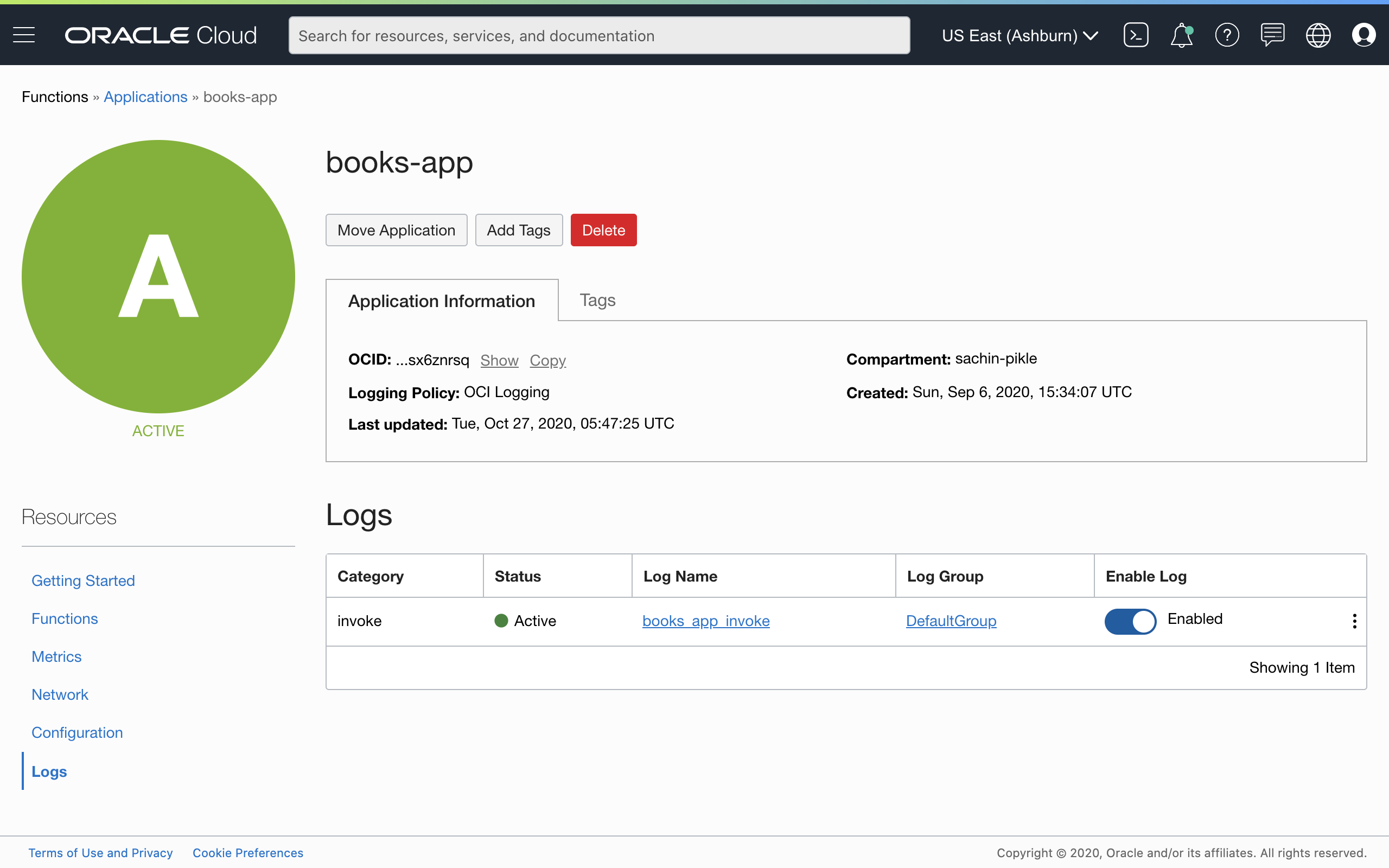 A screenshot that shows the details page for an application, with the Enable Log toggle switched to Enabled.