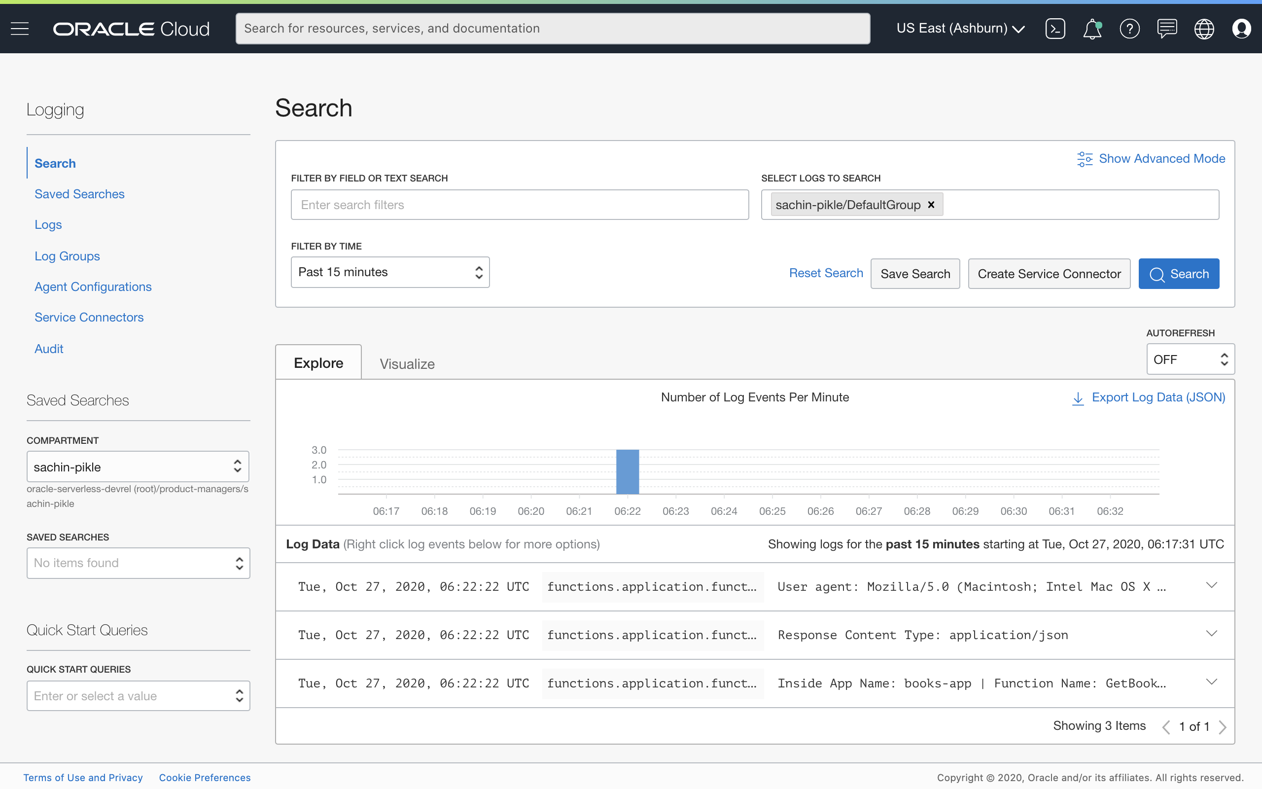 A screenshot that shows the Search page of the Logging service, with the Explore tab in focus.