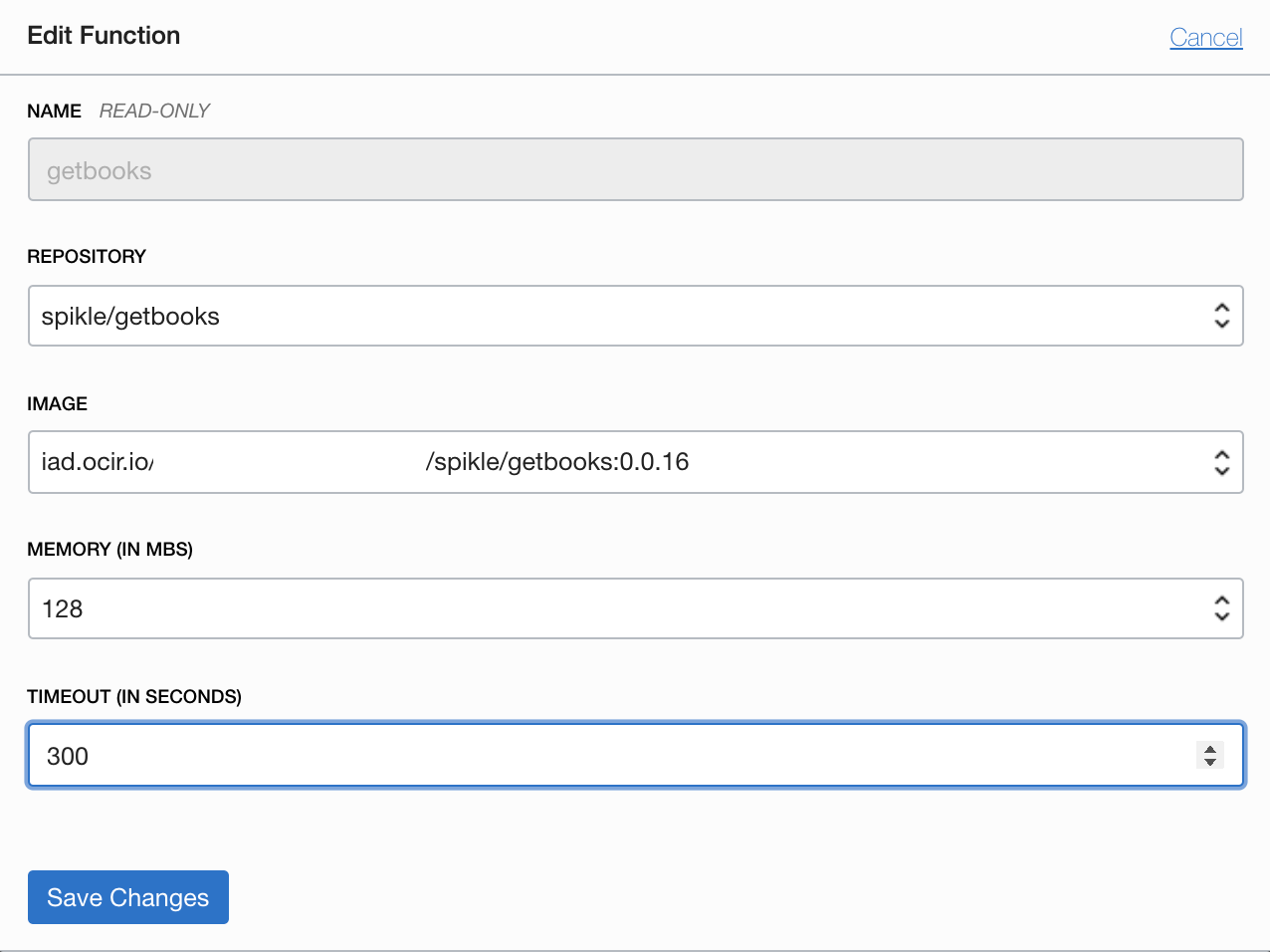 A screenshot that shows the Edit Function dialog box, with the Timeout in Seconds field showing a value of 300.