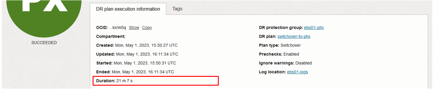 Screenshot showing total switchover time for E-Business Suite with no workload