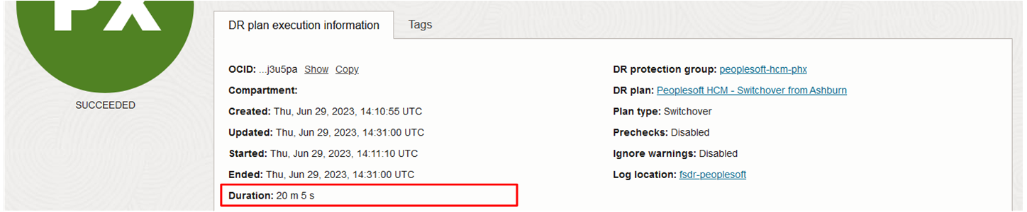 Screenshot showing total switchover time for E-Business Suite with no workload