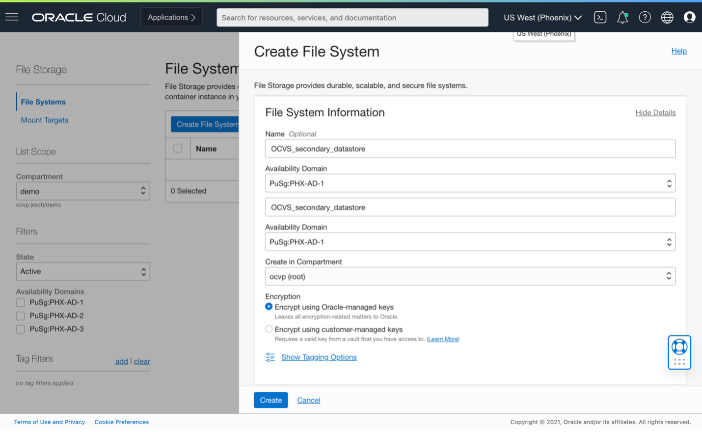 A screenshot of the Create File System window in the Oracle Cloud Console with information fields filled in.