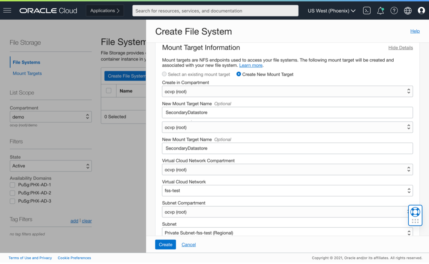 A screenshot of the Create File System window showing the Mount Target Information.