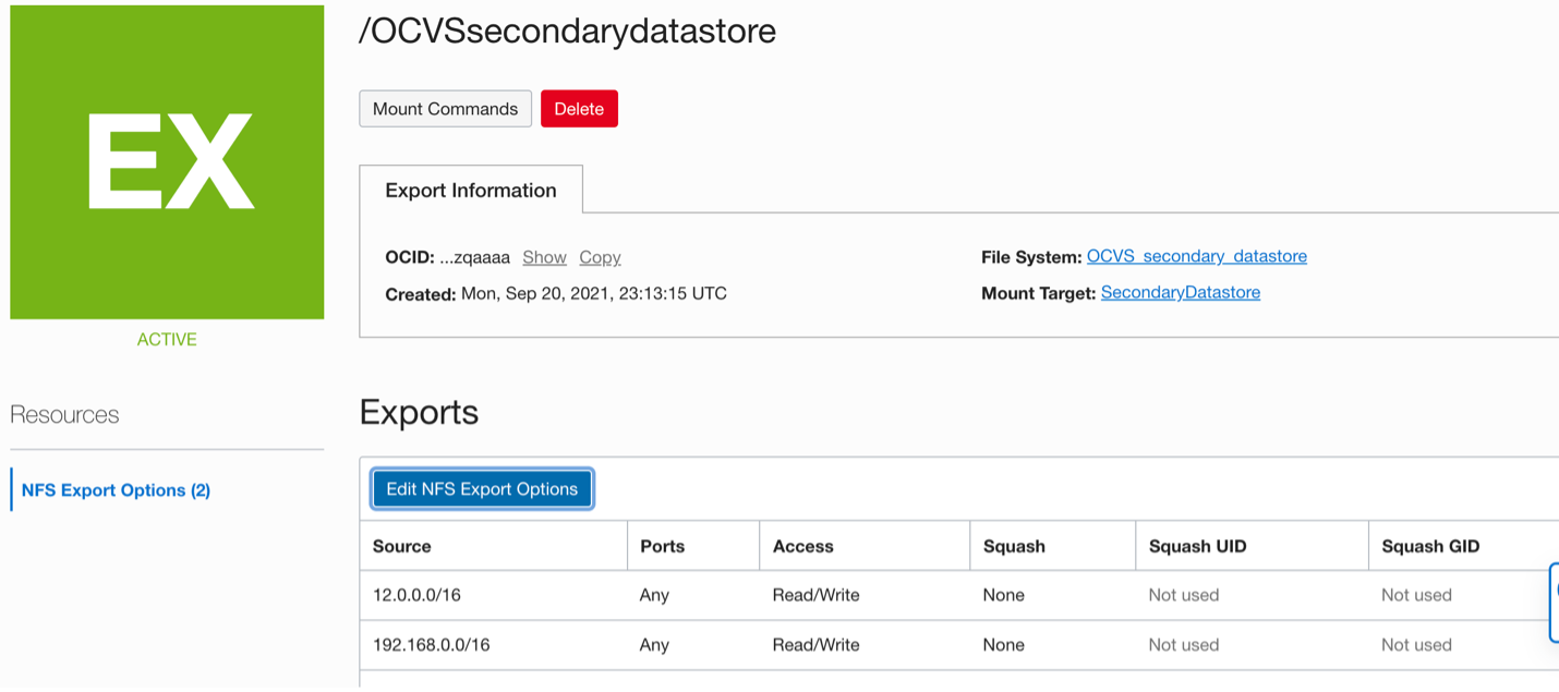 A screenshot of the details page for the secondary datastore showing the Exports section with the Edit NFS Export Options button highlighted.