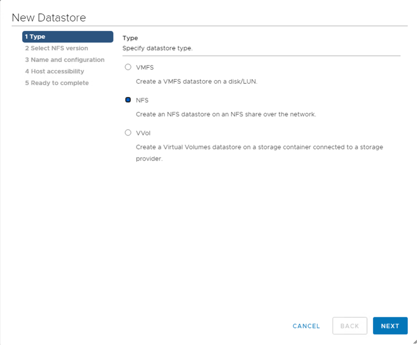 A screenshot of the New Datastore page on the first tab, Type, with NFS selected.