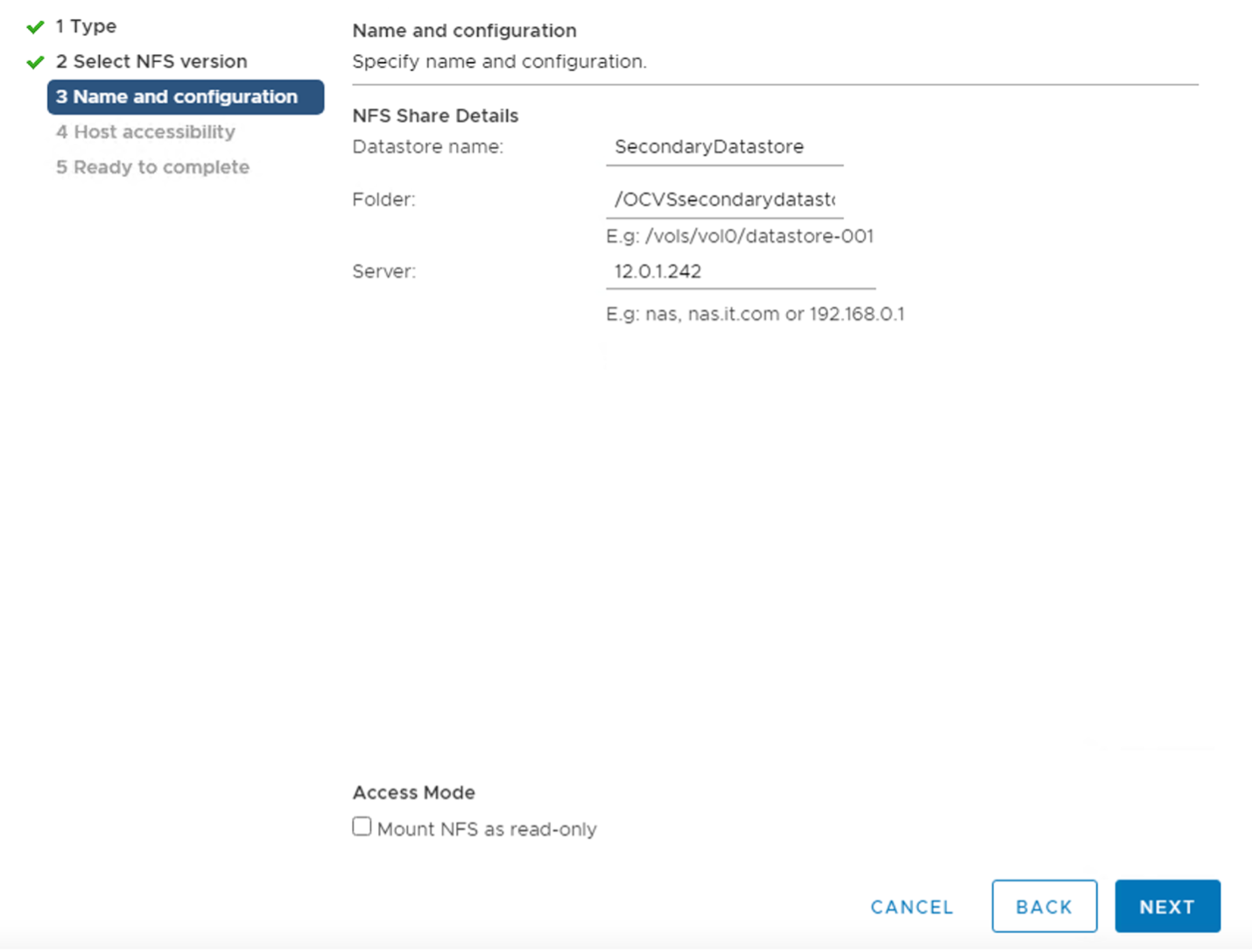 A screenshot of the same page on the third tab, Name and Configuration, with the NFS share details filled in.