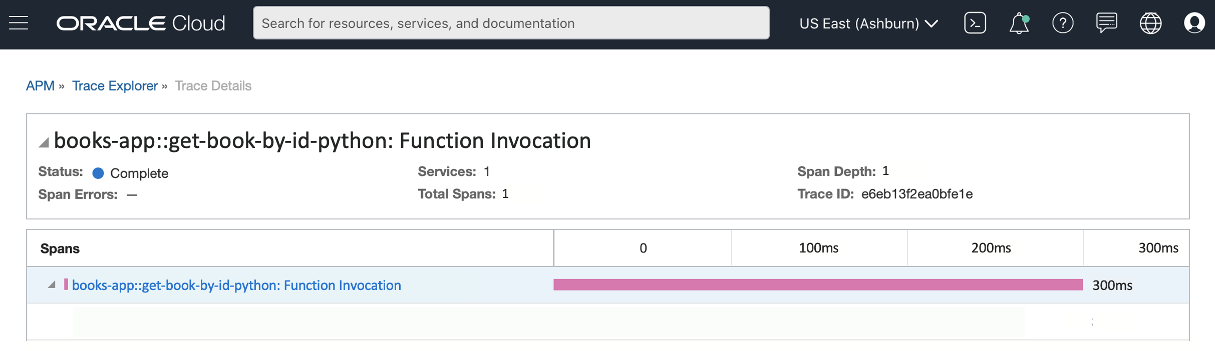 A screenshot showing the default span of a function invocation for the exmaple application.