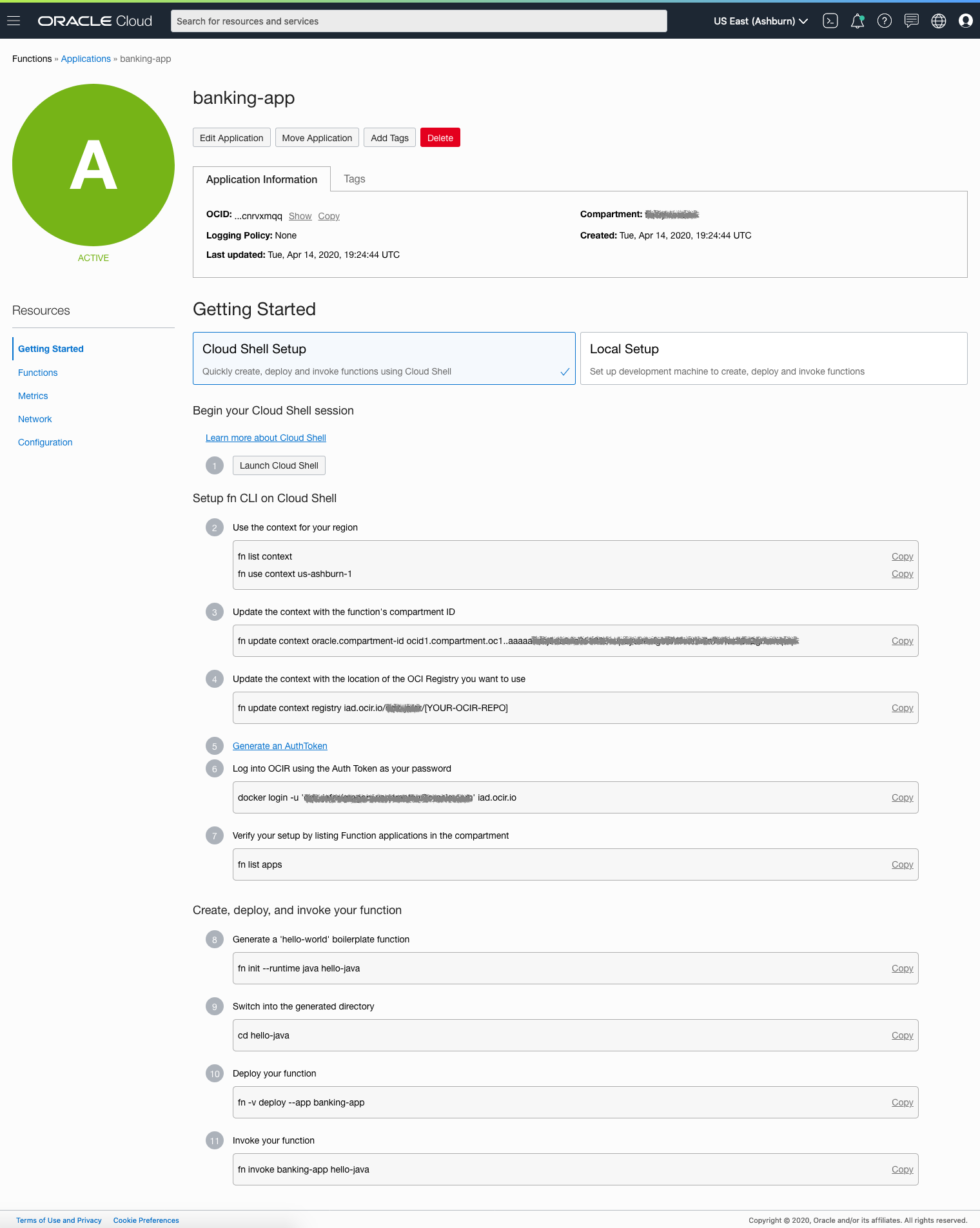 Screenshot that shows the details page for an application in the Oracle Cloud Infrastructure Console. In the Getting Started section, the Cloud Shell Setup tab is selected, and the steps for creating a functions in Cloud Shell are displayed.