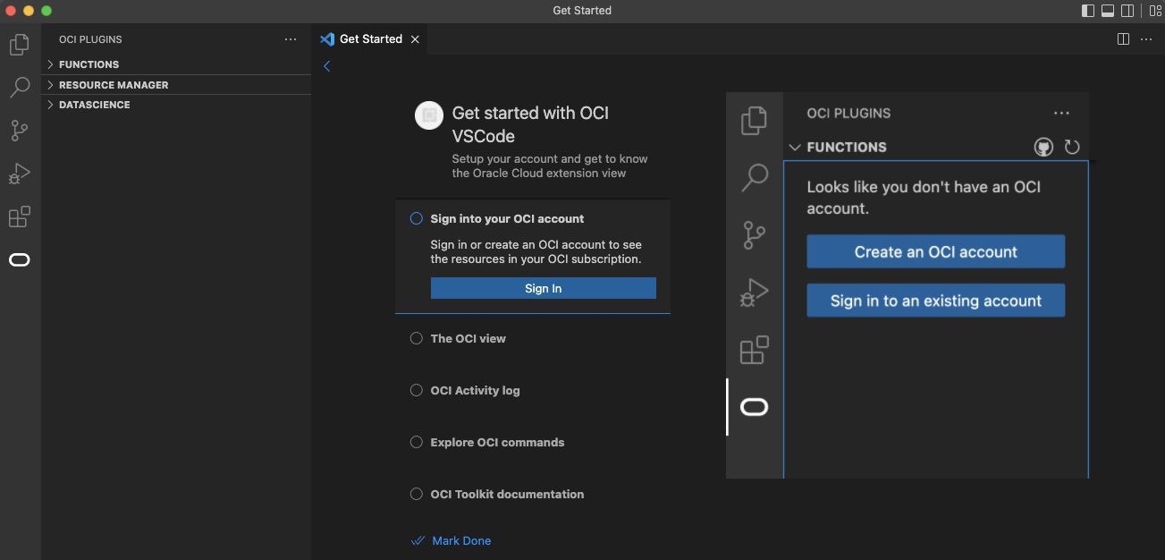 A screenshot of the integrated OCI sign-in and account creation in VS Code.