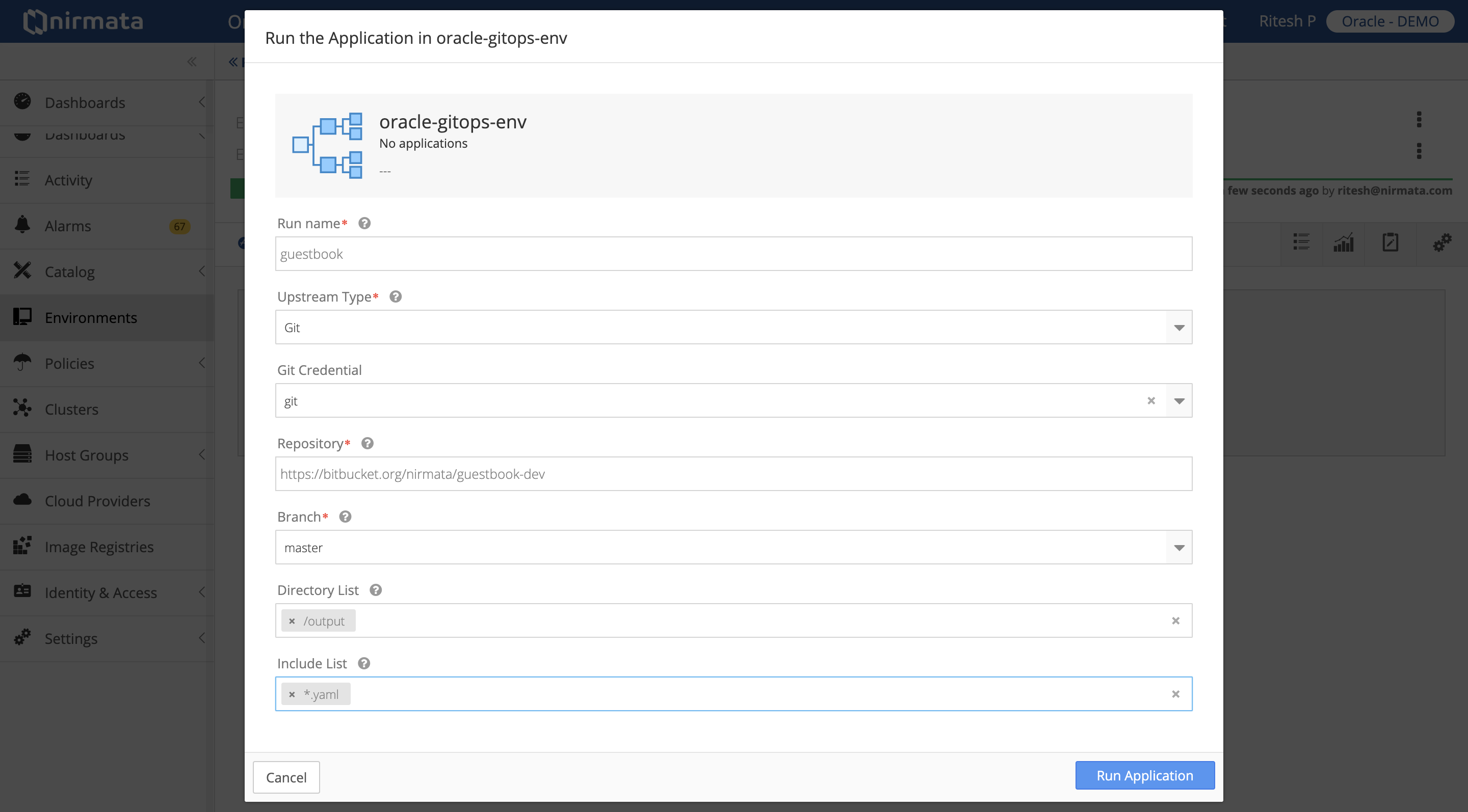 Screenshot that shows the Nirmata dialog box for specifying the branch for the YAML manifests for your application.