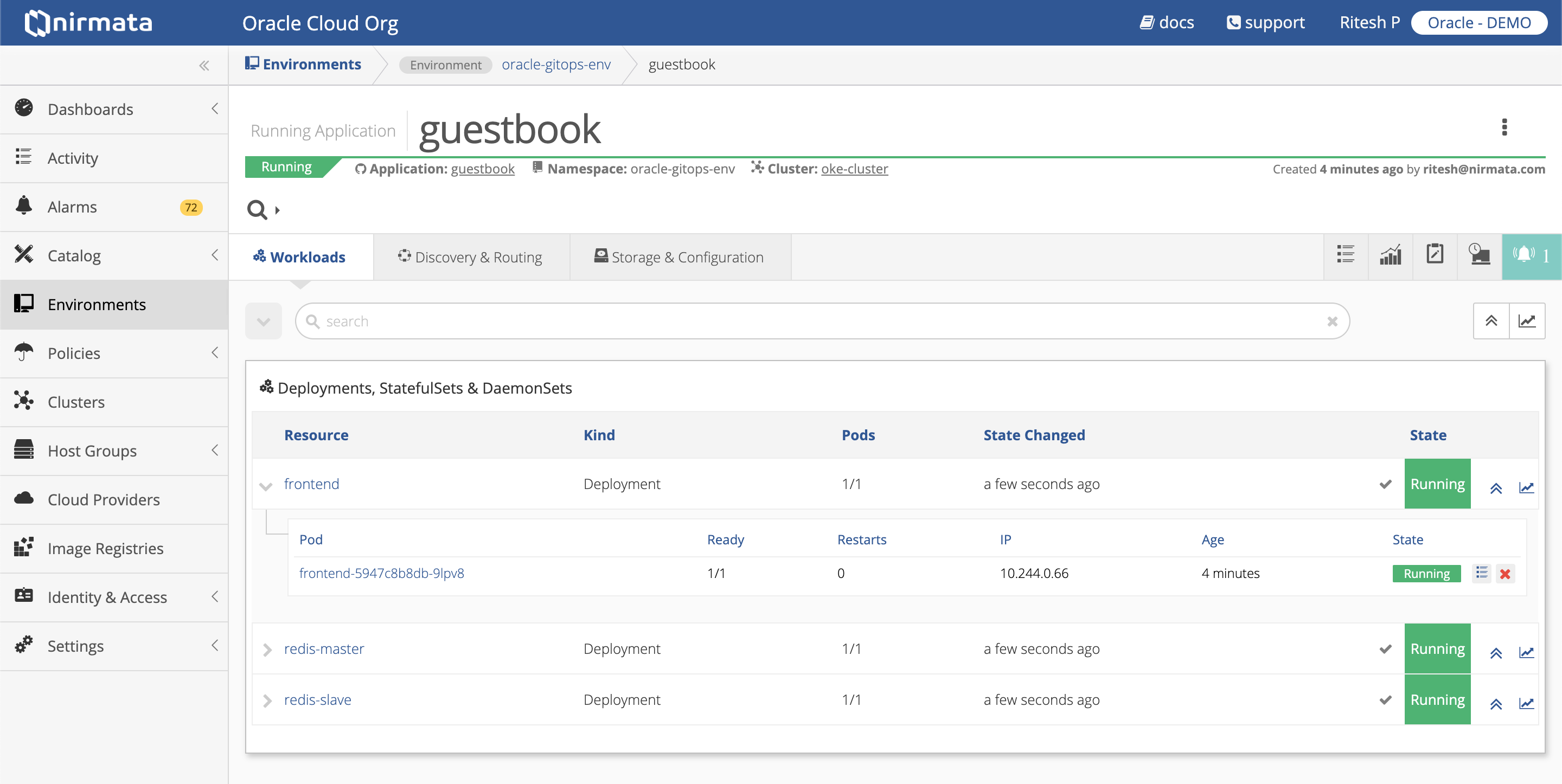Screenshot that shows a running application in Nirmata.