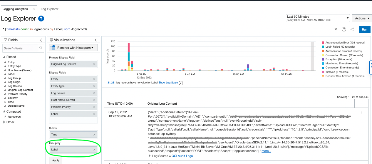 A screenshot of the Log Explorer page with the Group by Label section circled in green.