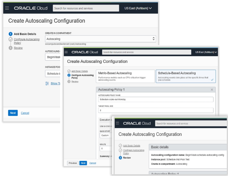 A screenshot of three nested windows of the Create Autoscaling Configuration page, each showing a different step of the process to create schedule-based autoscaling.