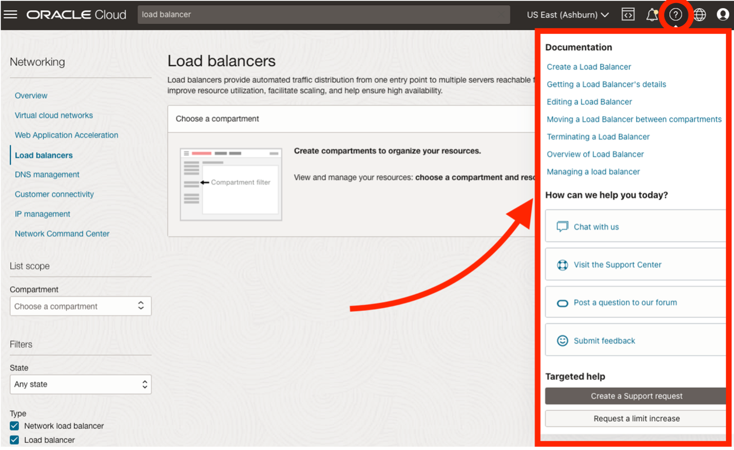 A screenshot of the Load Balancers screen in the Oracle Cloud Console with the icon for the help panel circled in red and the help panel open and outlined in red with a red arrow pointing to it.