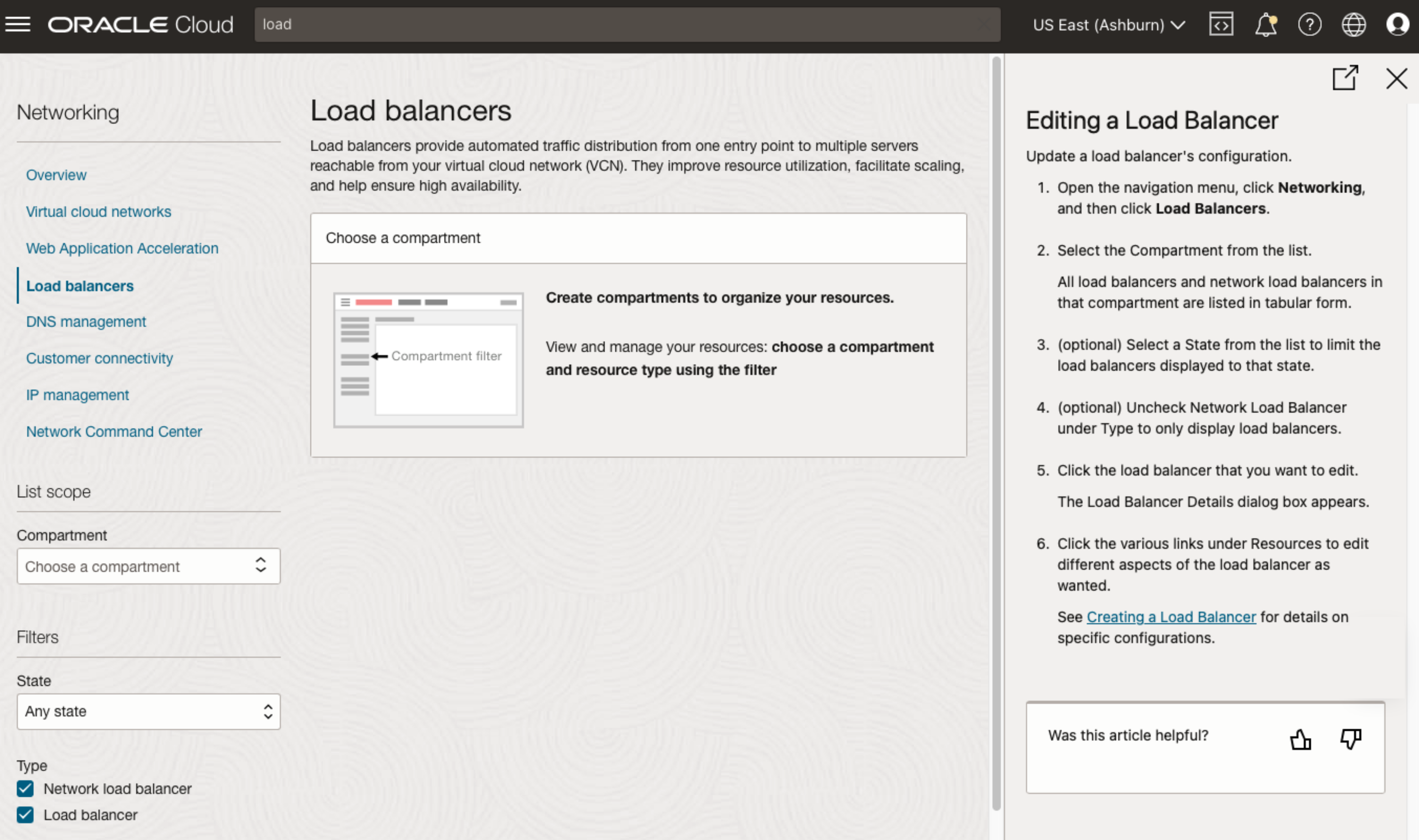 A screenshot of the Load Balancers page in the Console with the Help Panel expanded and showing the documentation for Editing a Load Balancer with the comment box and thumbs up and down icons at the bottom.