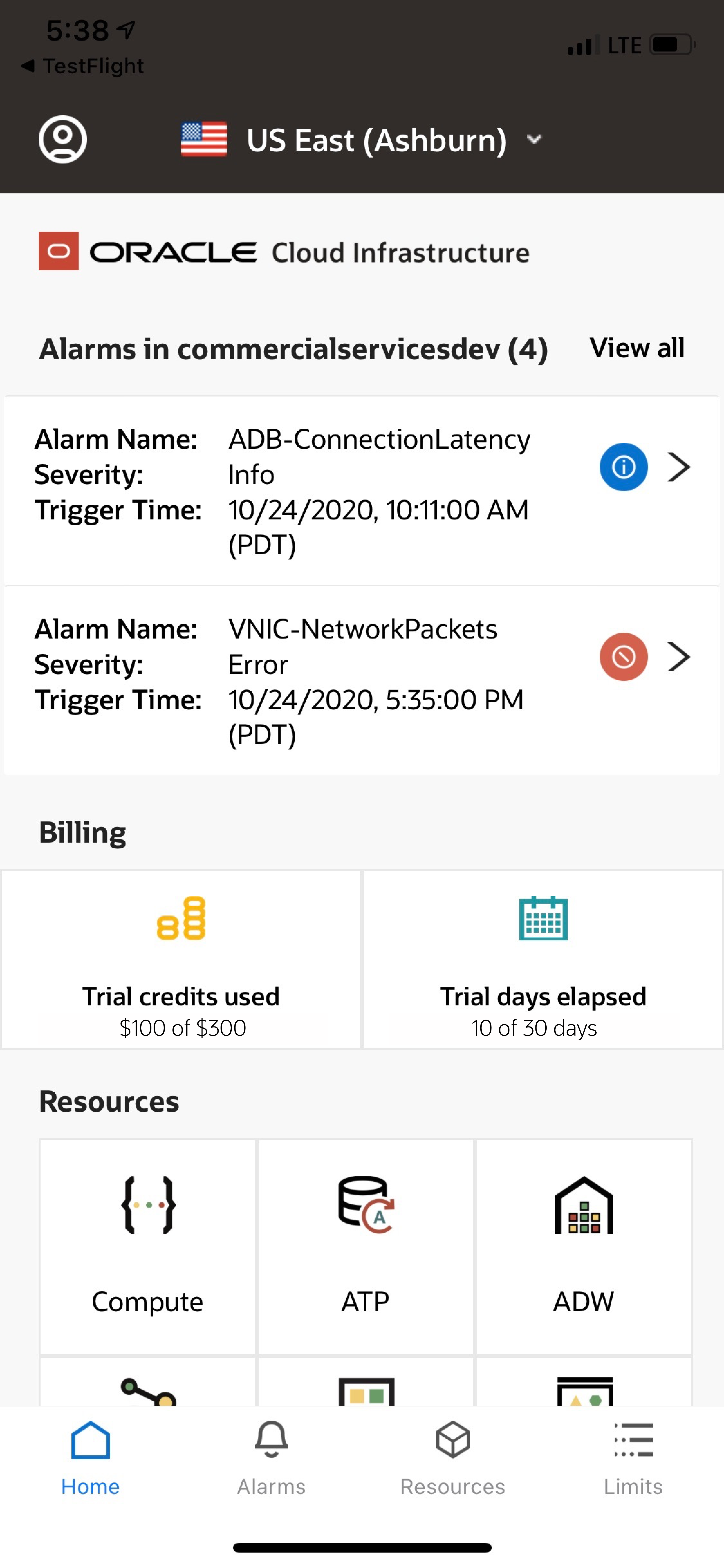 A screenshot of the Alarms page in the Oracle Cloud Infrastructure app.