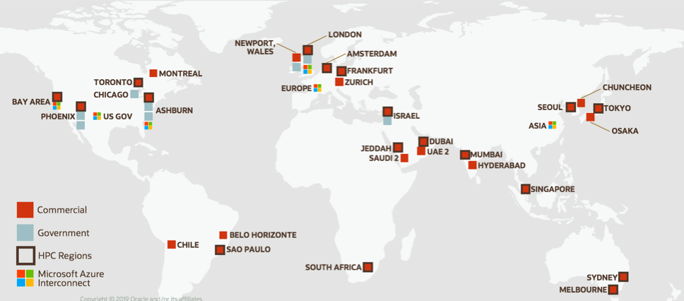 Map that shows locations of Oracle Cloud Infrastructure regions in 2020.