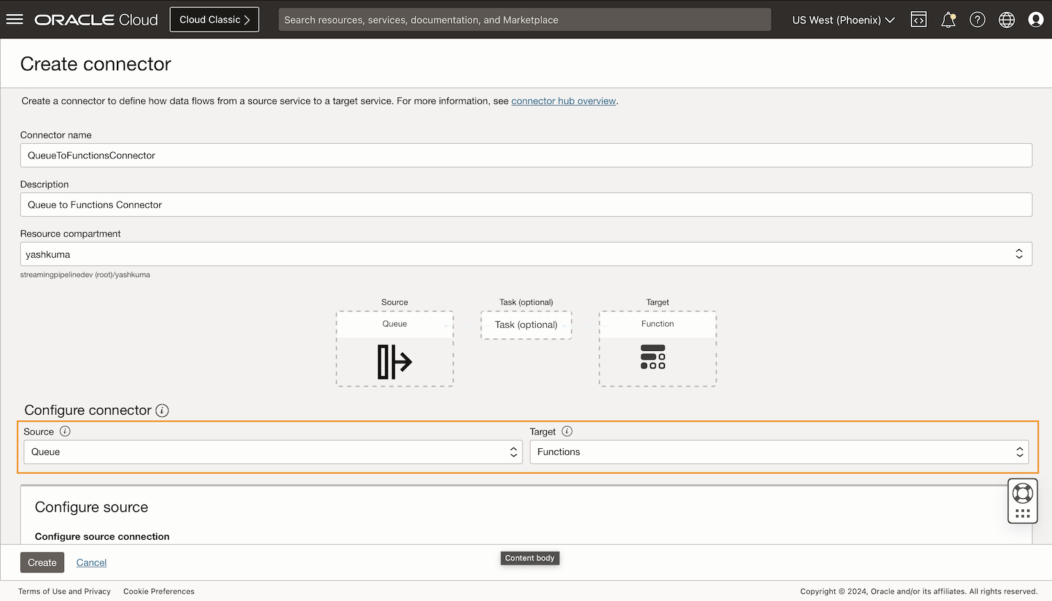 The Create connector screen with the source and target configuration section outlined in orange.