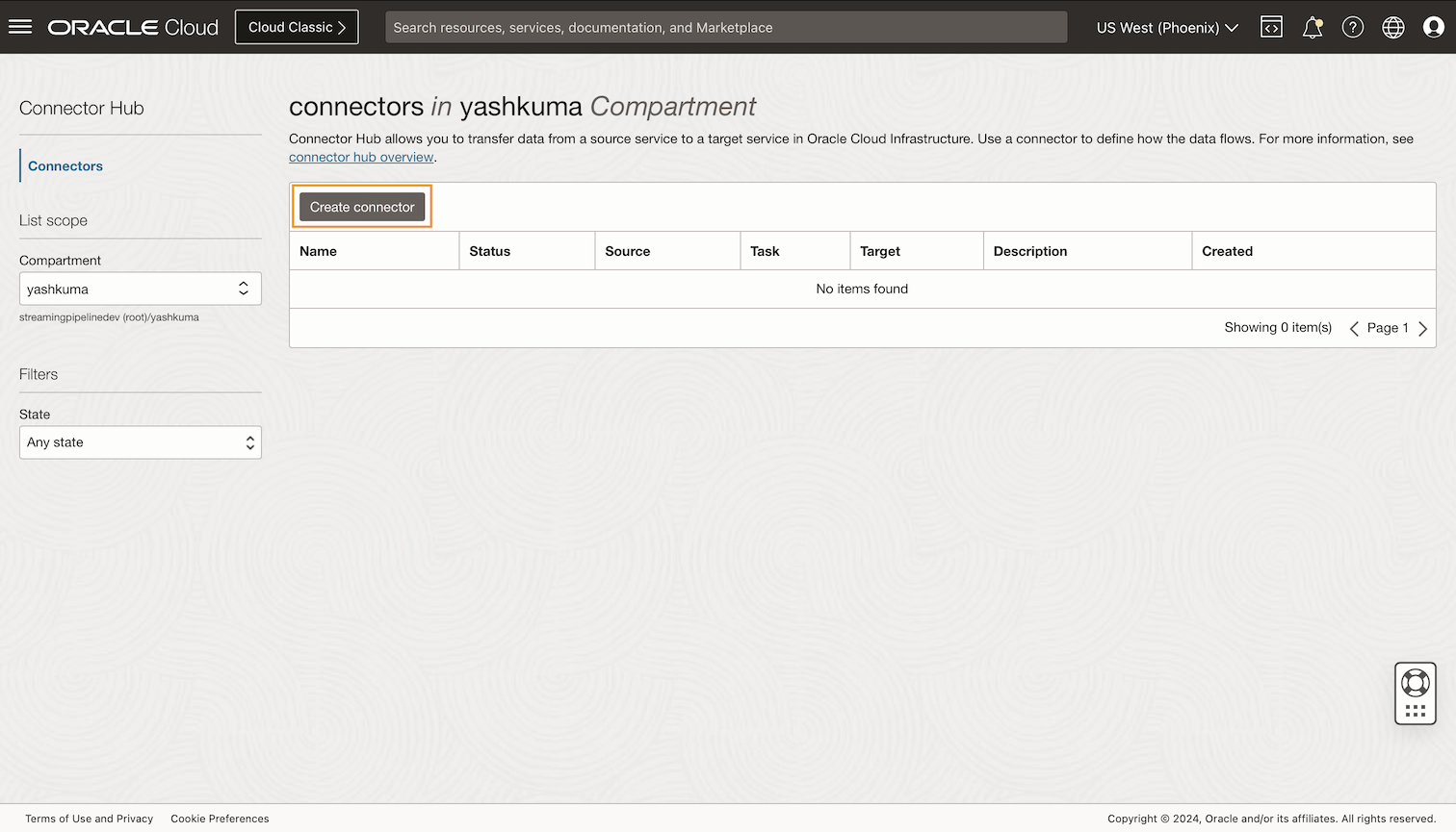 Connectors in an example compartment in the Oracle Cloud Console.