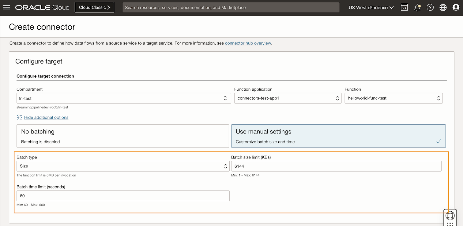 The create connector screen with the options for batch type, size limit, and time limit outlined in orange.