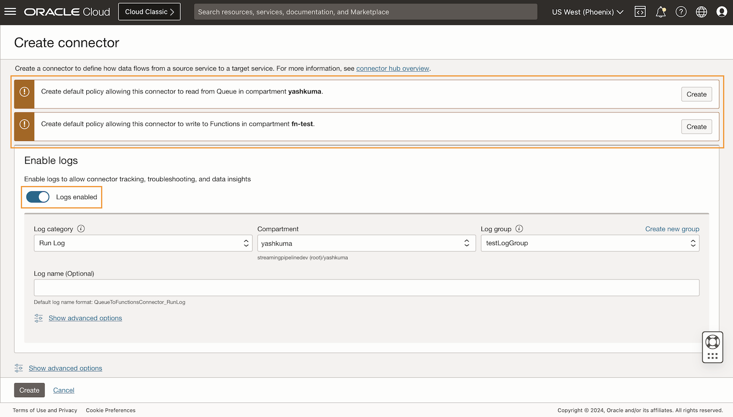 The Create connector screen with the options to create default policies to allow the connector to read and write from the queue to the function and the Enable Logs toggle outlined in orange.