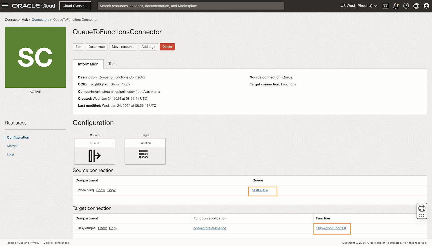 The Connector details page, showing the source and target connections.