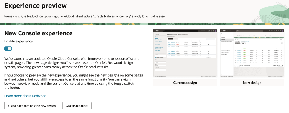 Screenshot of experience preview page on OCI Console
