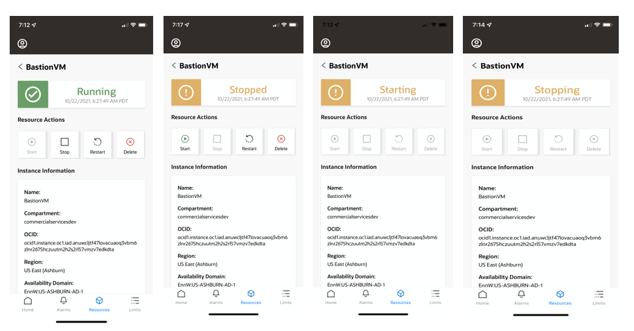 Four screenshots various stages of a BastionVM screen in the OCI mobile app.