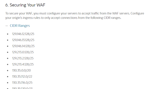 A screenshot of the Securing your WAF section in the documentation with CIDR ranges.