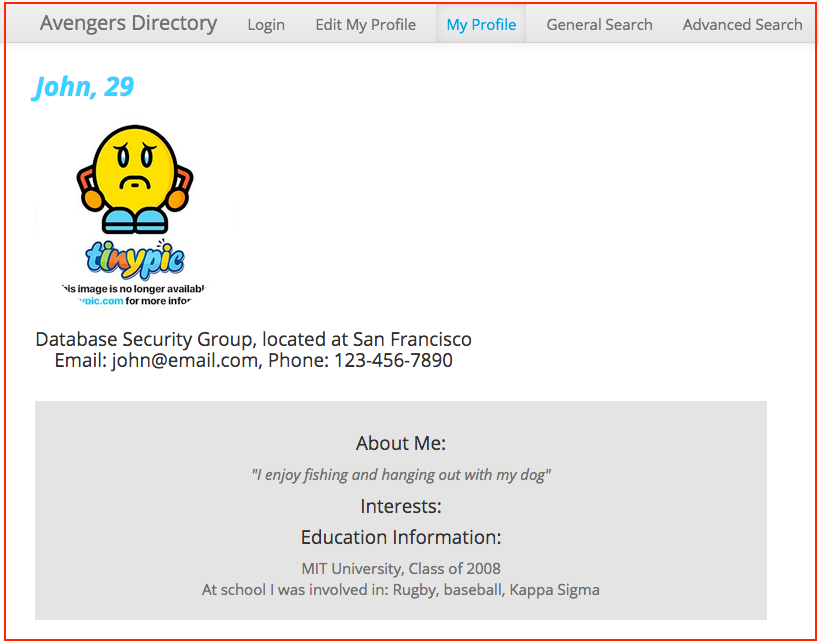 A screenshot that shows the profile for a user named John in the Avengers Directory created for this example.