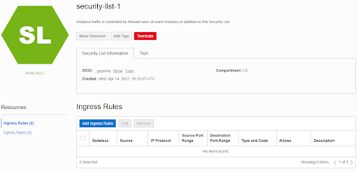 A screenshot of a new security list created in the OCI Console.