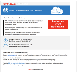 A screenshot of an example email from the Announcement service.