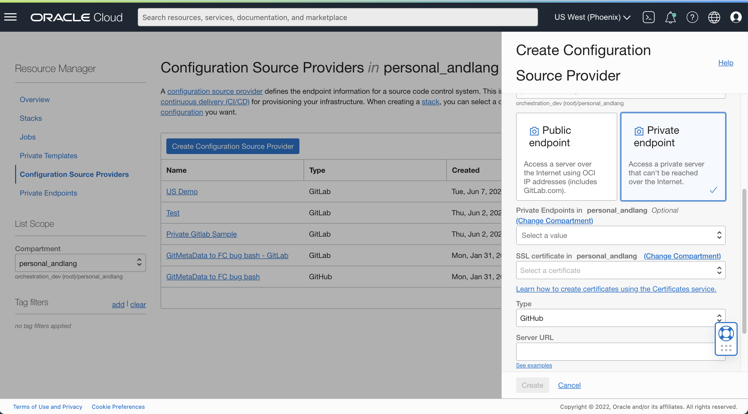 A screenshot of the Create Configuration Source Provider window with private endpoint selected.