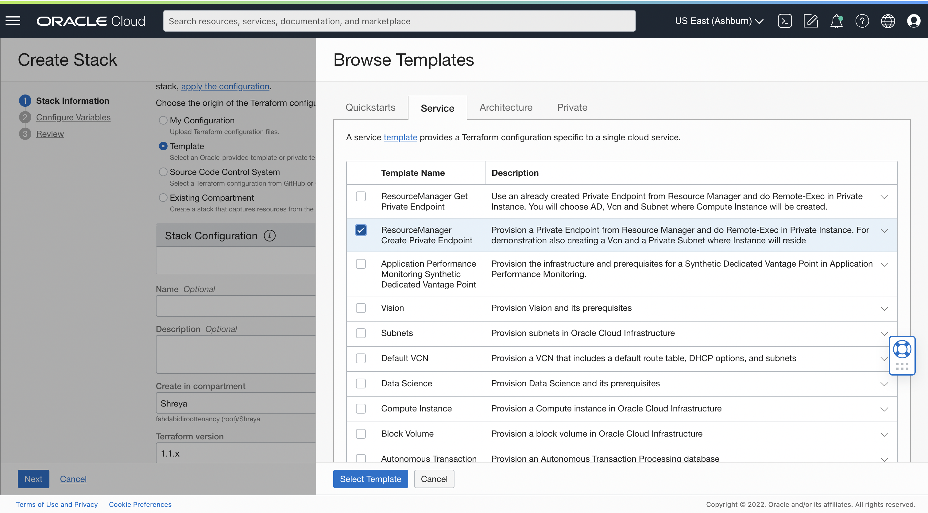 A screenshot of the Browse Template window over the Create Stack page with the template options shown.