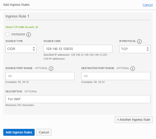 A screenshot of the Add Ingress Rules page with detail fields filled out.
