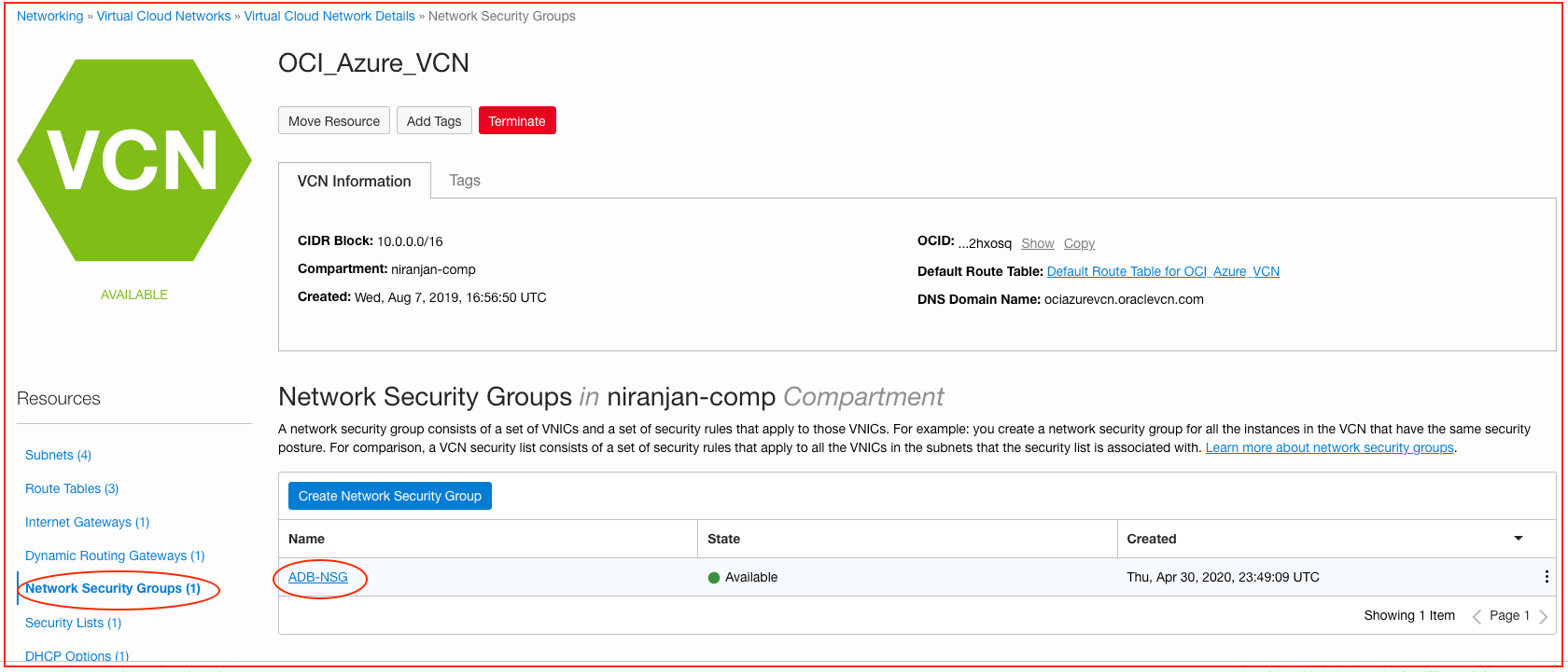 A screenshot that shows the network security group ADB-NSG on the VCN details page