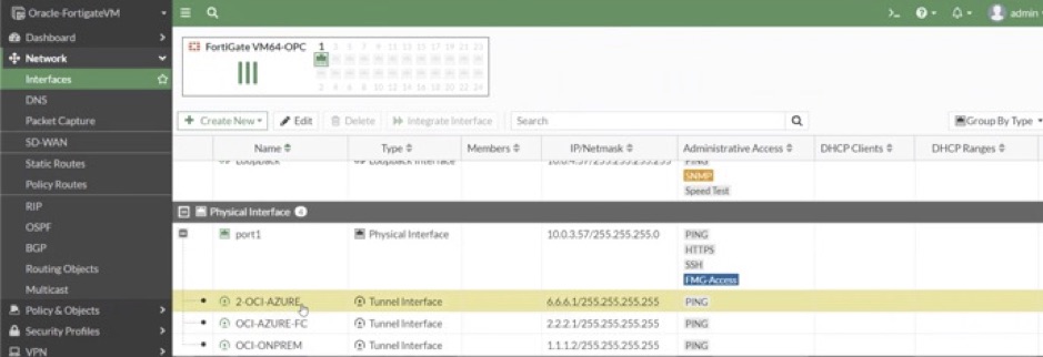 A screenshot of the assigned IP addresses for the tunnel interface of the primary firewall.