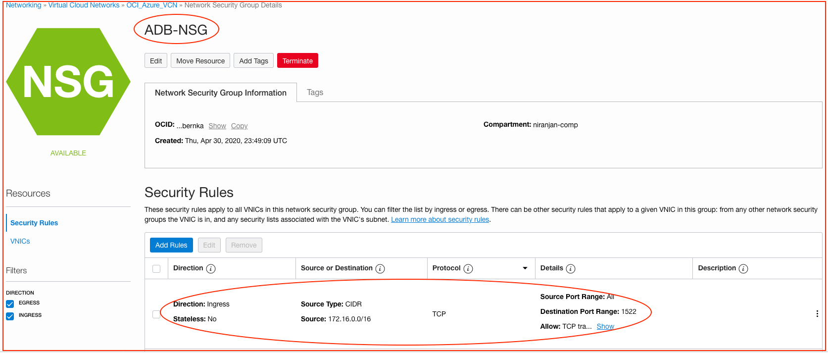 A screenshot that shows the details page for the ADB-NSG network security group.