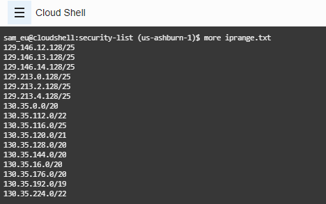 A screenshot of the selected CIDR ranges in Cloud Shell.