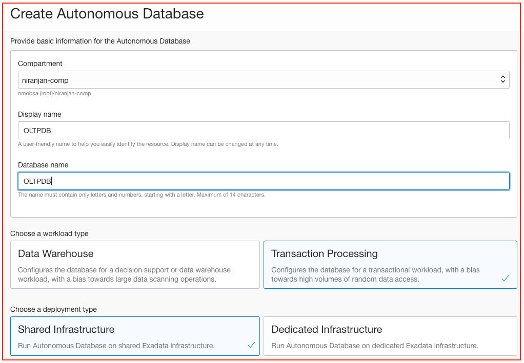 A screenshot that shows the Create Autonomous Database page with selected options and customized names.